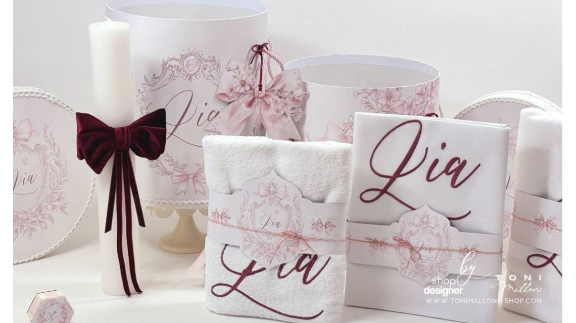 Lumânare botez albă Stâlp 40x8 cm fundă catifea burgundy Pink Bow 7